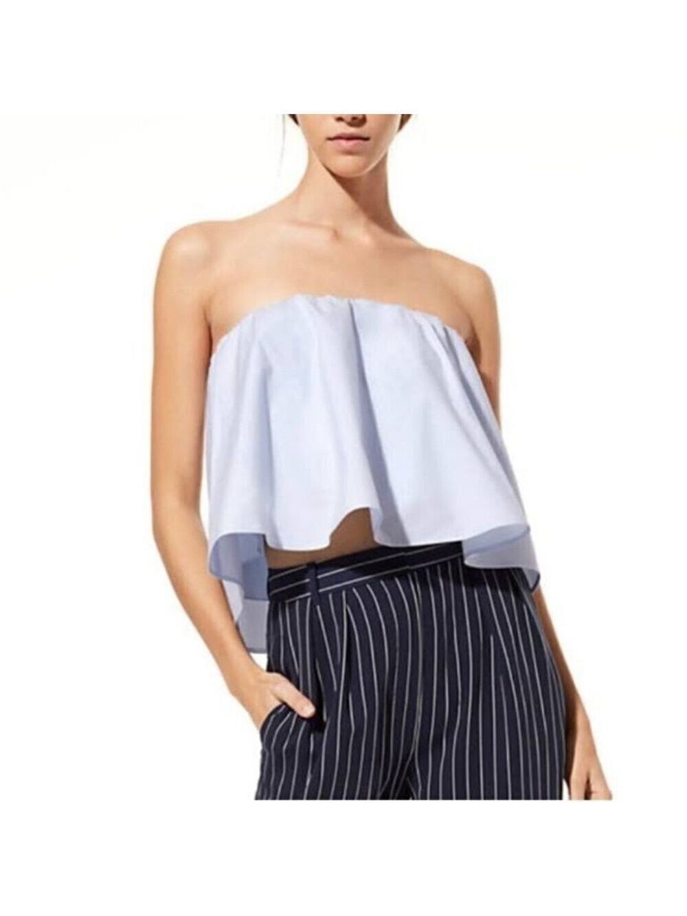 ** Babaton Eckerd Strapless White and Blue Pinstriped Poplin Crop Top Size XS